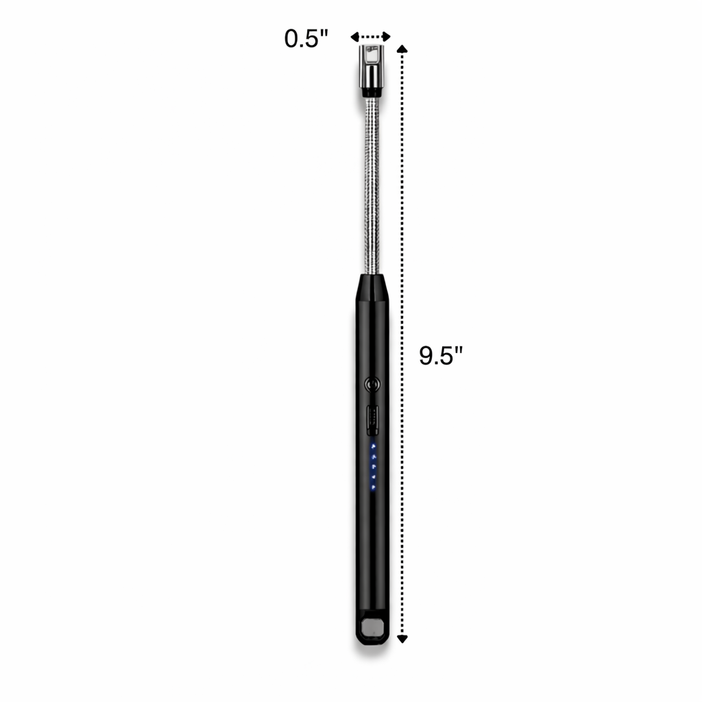 Black telescopic tool with measurements on a white background