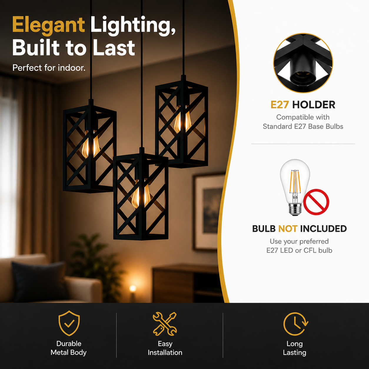 Advertisement for black pendant lights with E27 holder details and lifestyle image of a living room.