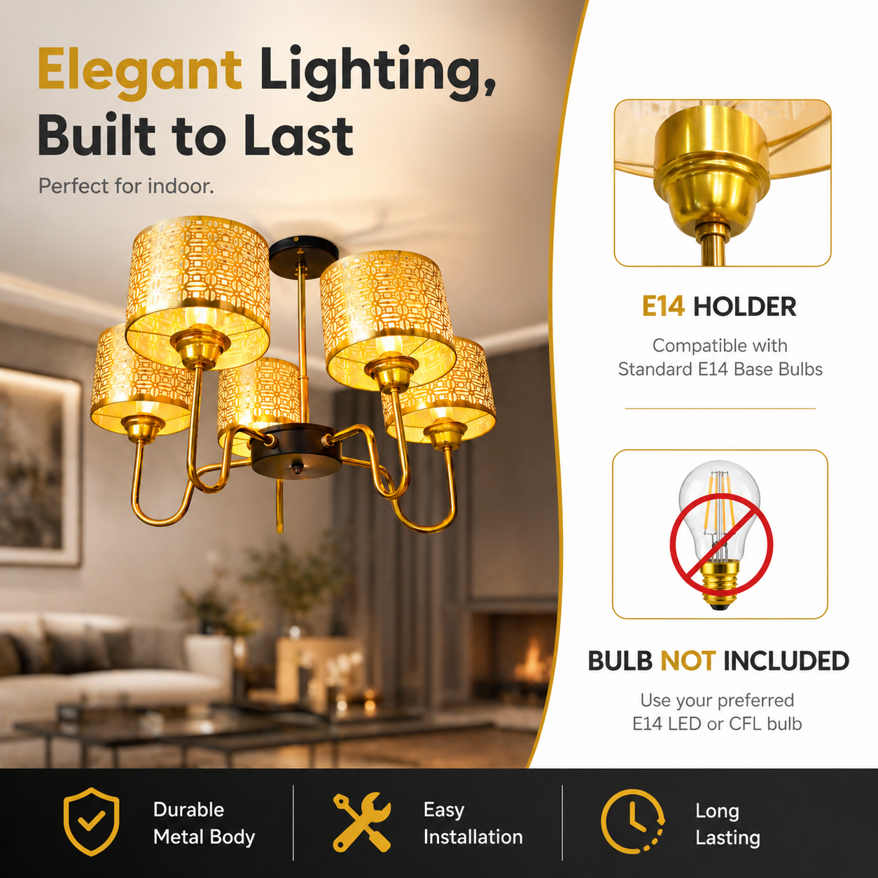 Chandelier with E14 holder and bulb compatibility information in a living room setting.