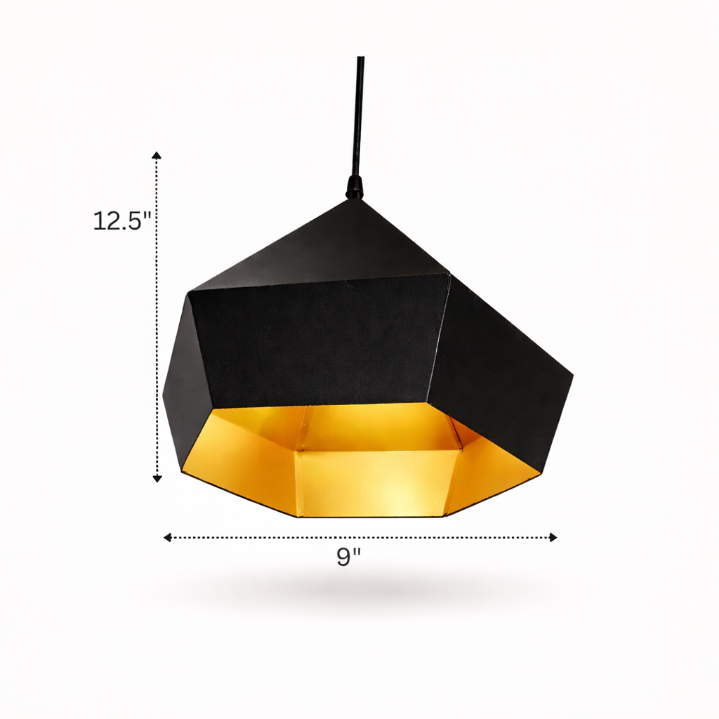 Geometric pendant light with black and gold design, shown with measurements on a white background.