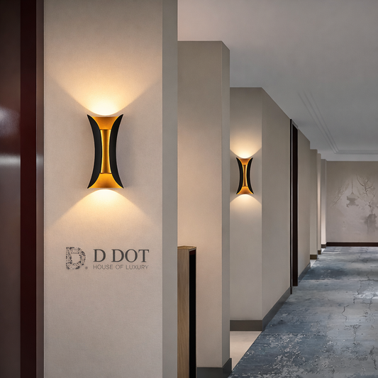 "Sleek black and gold wall sconce for elegant living rooms."