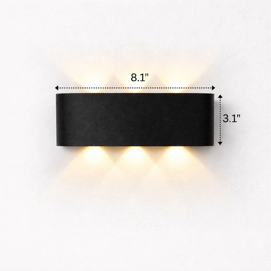 Black wall light fixture with dimensions indicated on a white background