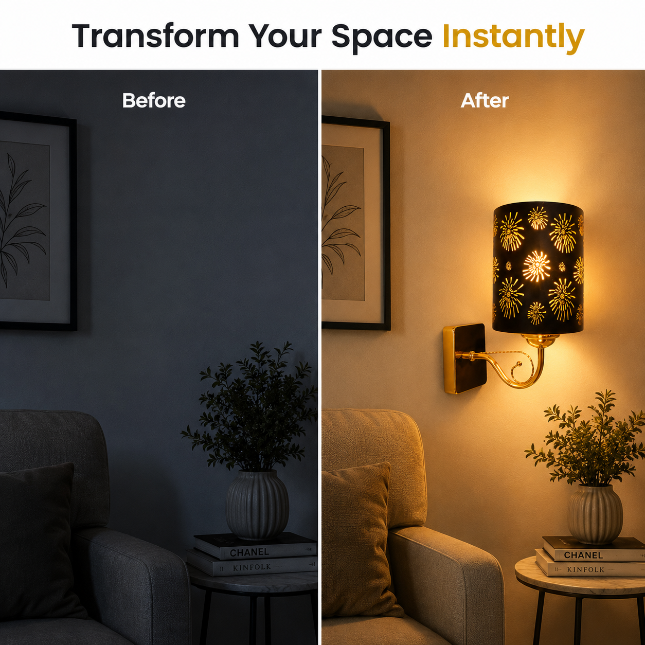 Before and after comparison of a living room with a wall sconce adding warmth.