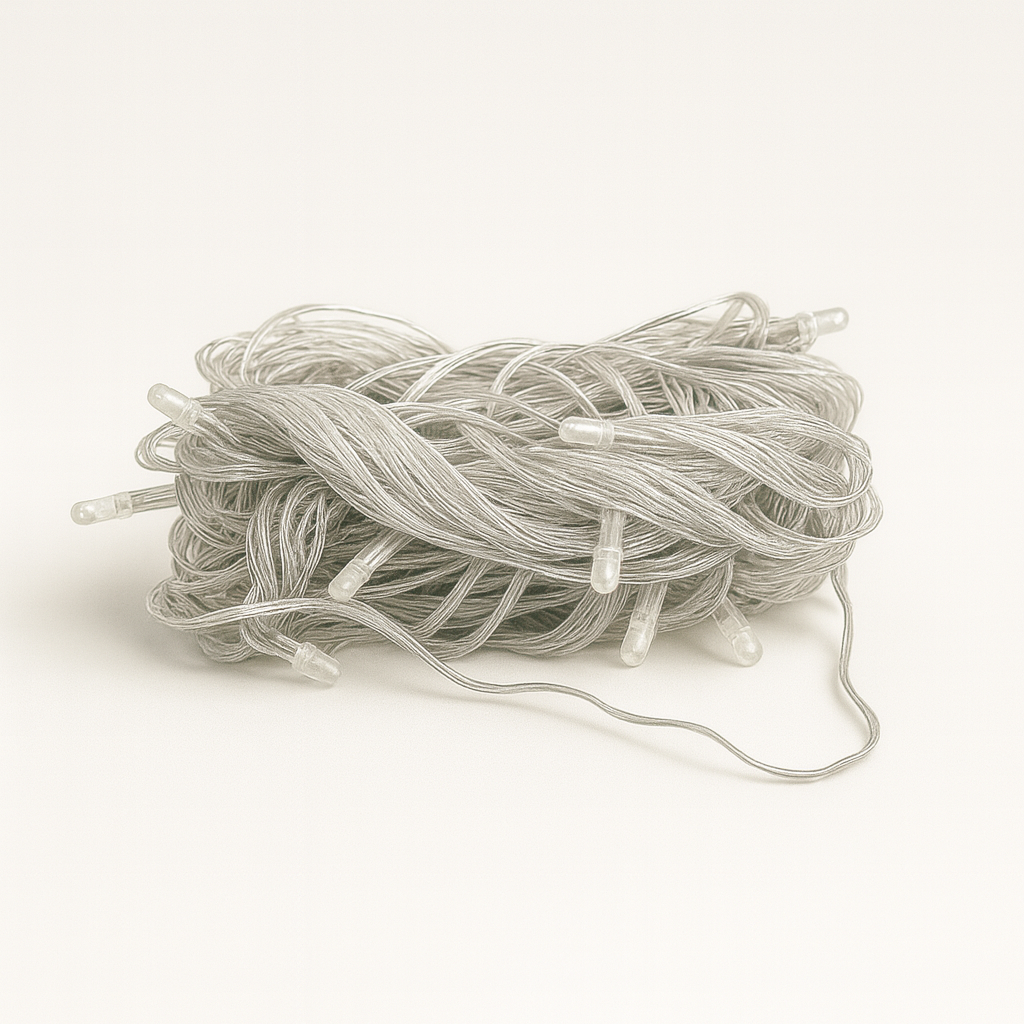 Coiled string lights on a white background