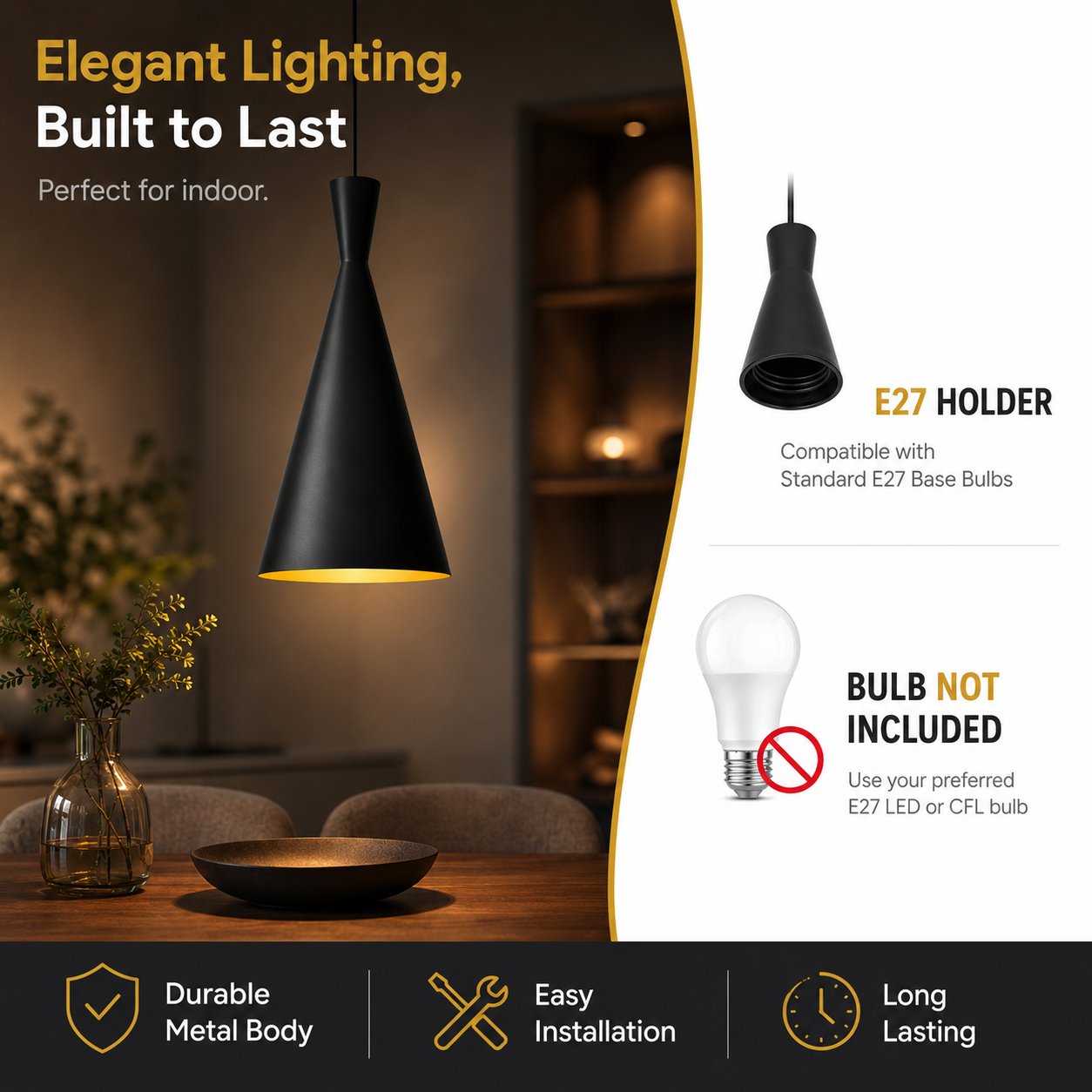 Stylish cone pendant ceiling lamp with warm indoor lighting