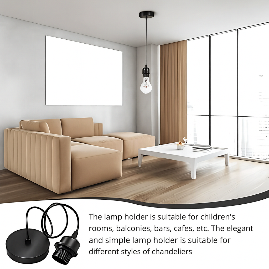 Modern living room with black pendant light fixture hanging above beige sofa and white coffee table, demonstrating minimalist lighting setup