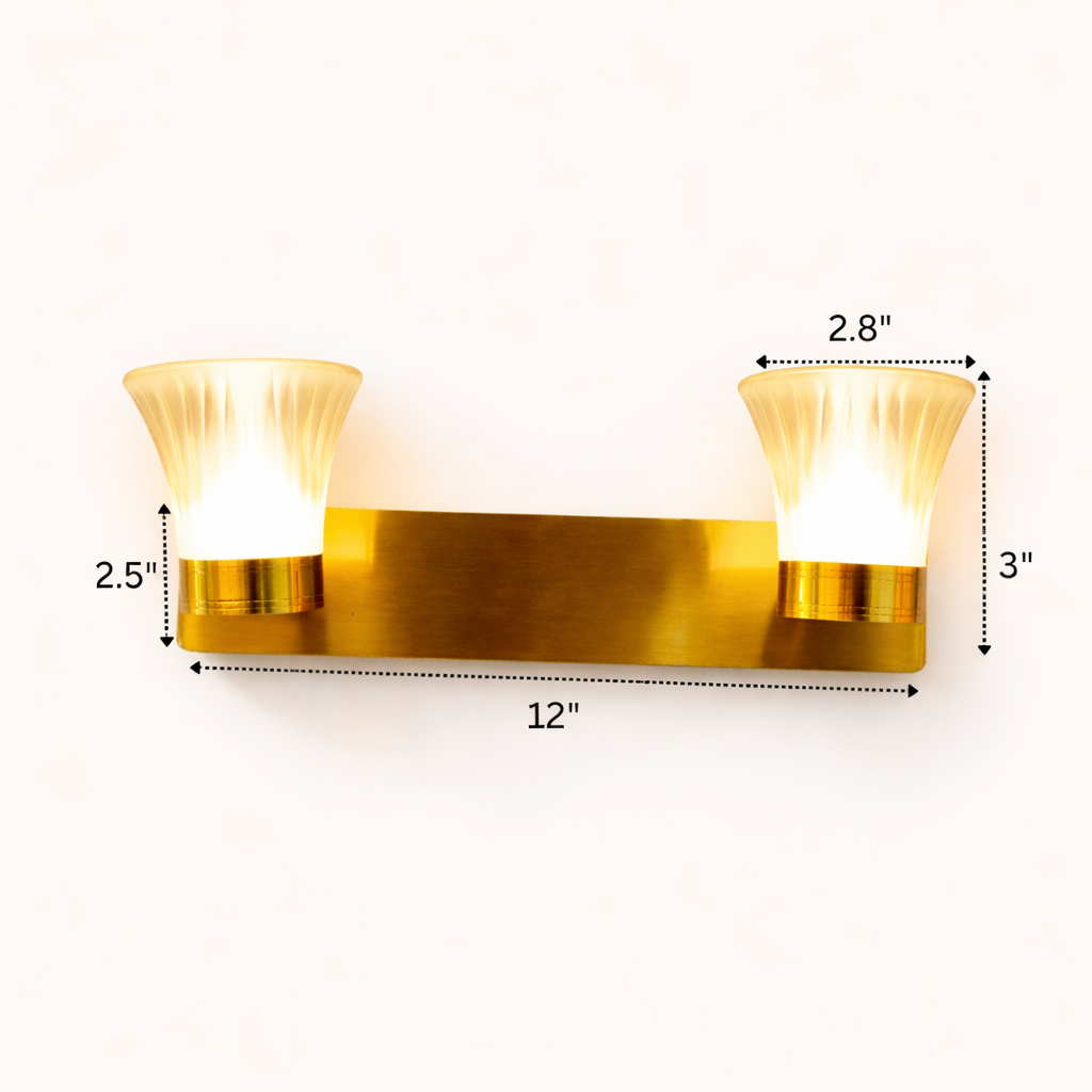 Gold wall sconce with dimensions labeled on a white background