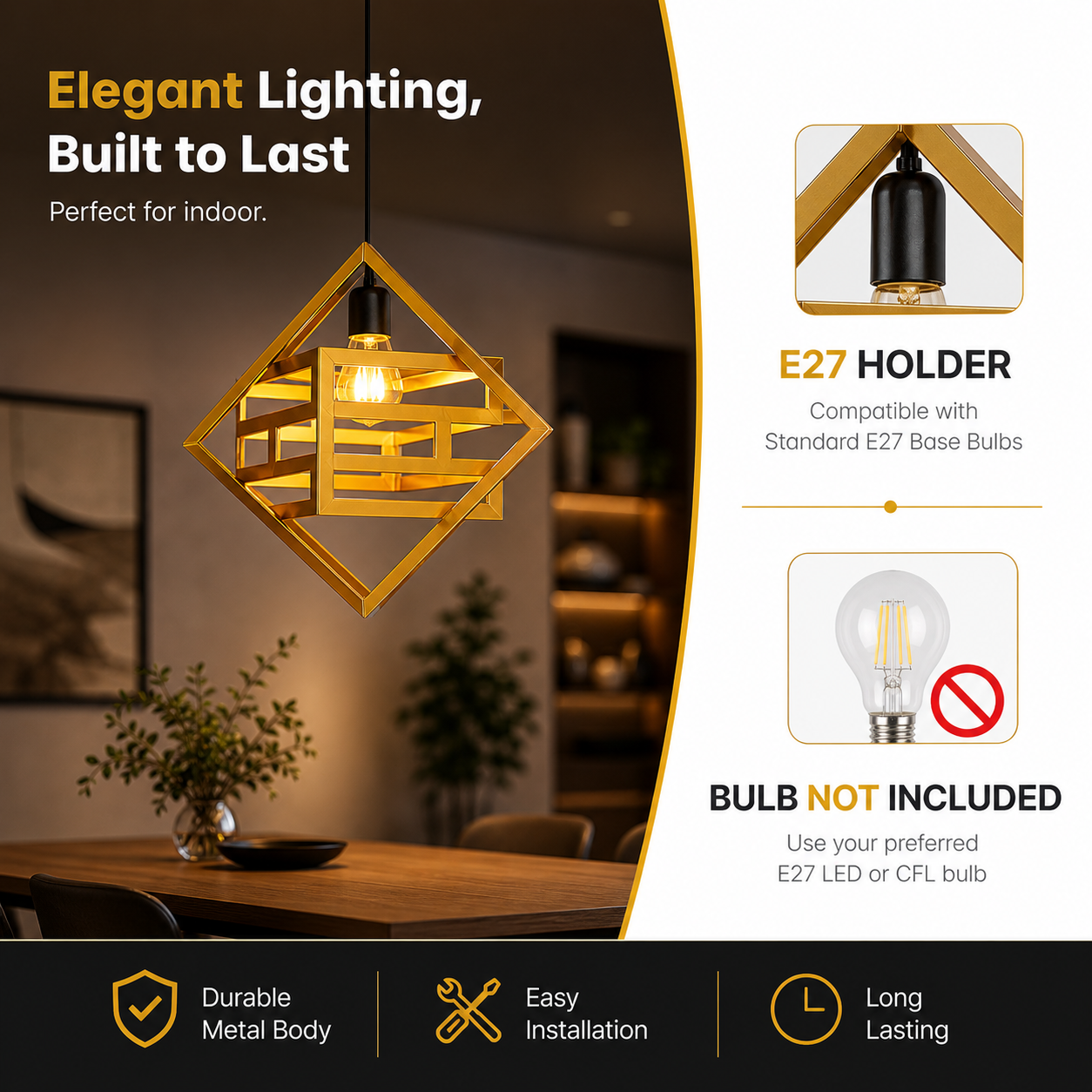 Close-up of gold metal pendant light structure and finish
