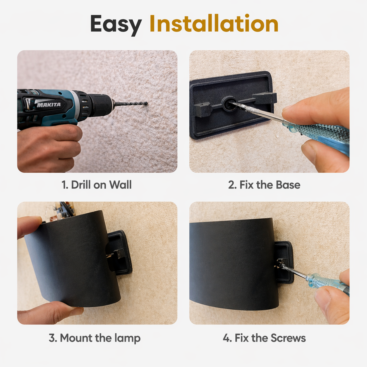 Step-by-step installation guide for a lamp with a Makita drill and screwdriver.