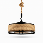Rustic hemp rope pendant light for dining room décor.