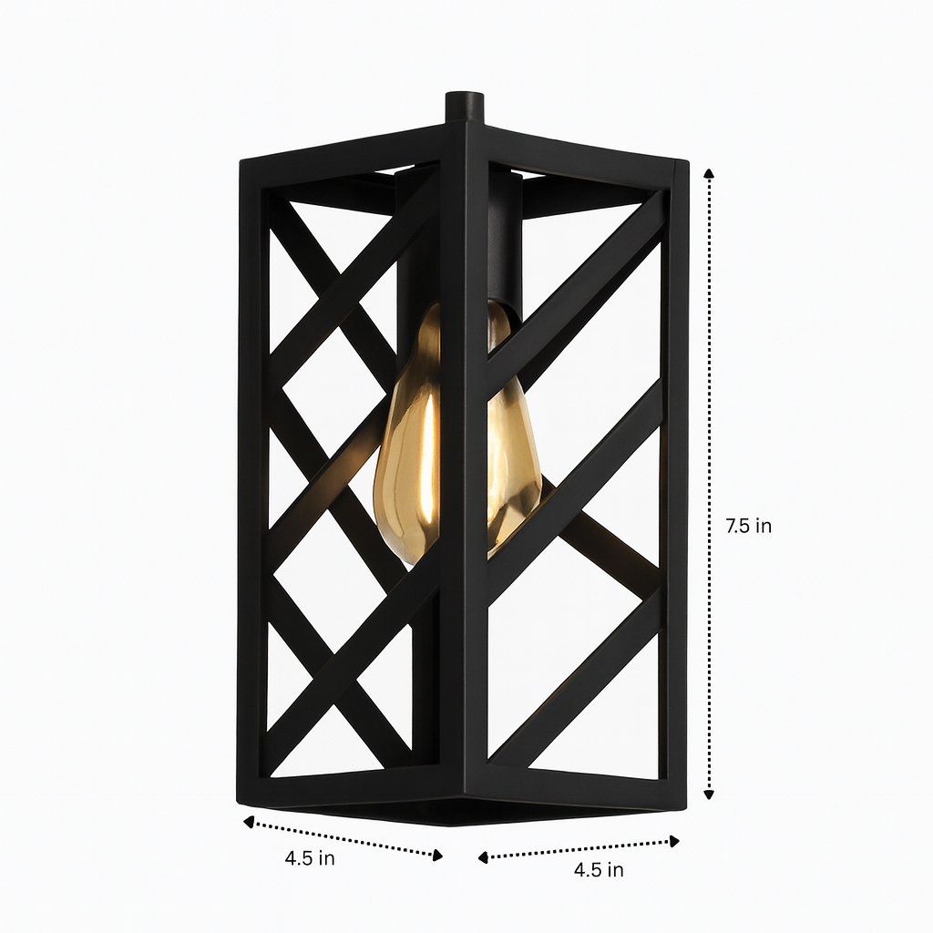 Black geometric wall sconce with gold bulb, showing dimensions on a white background