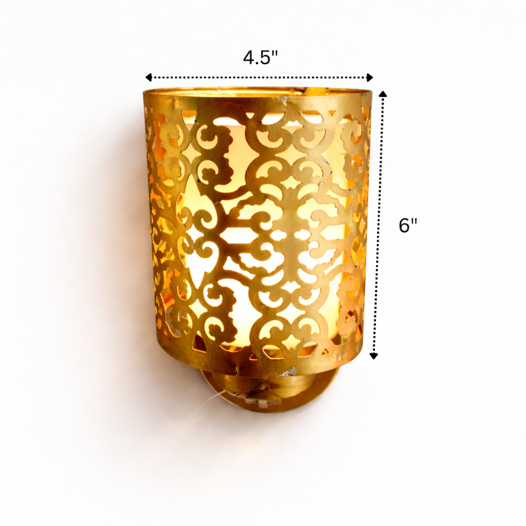 Decorative gold candle holder with cut-out patterns and dimensions on a white background