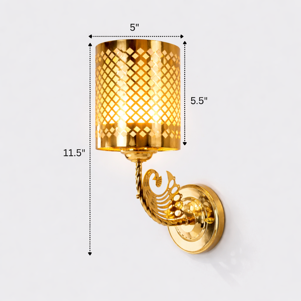 Gold wall sconce with dimensions labeled on a white background