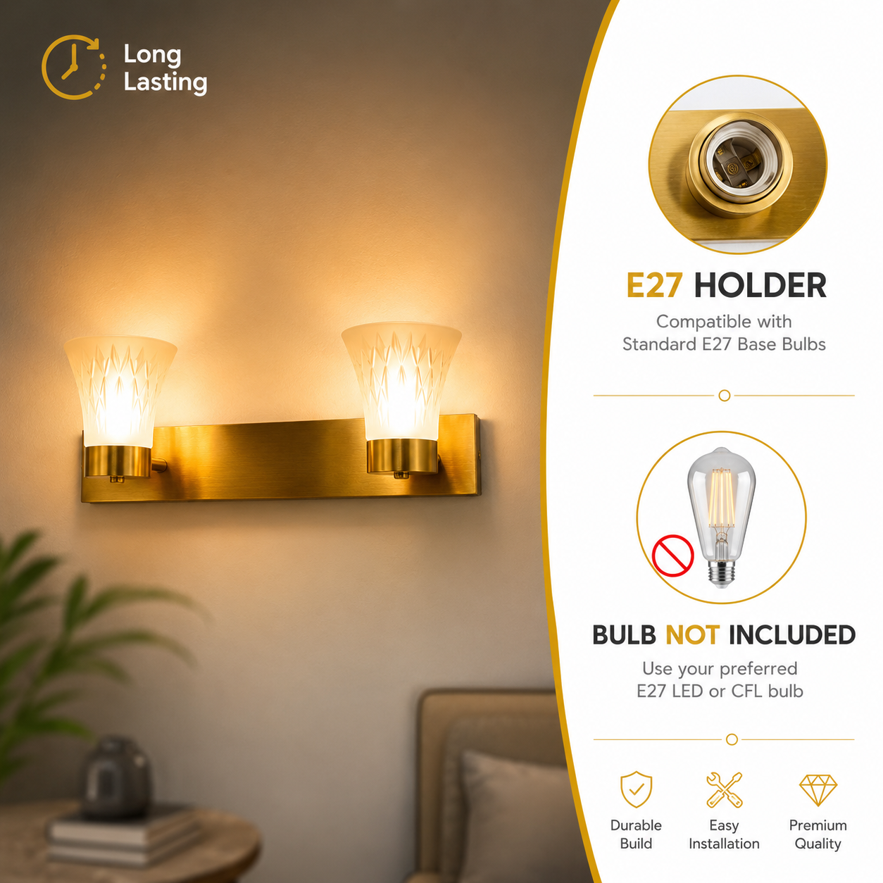 Gold wall sconce with E27 holder and bulb compatibility information on a blurred background