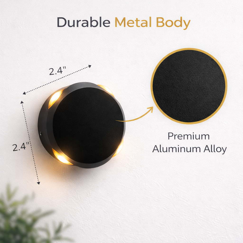 Black wall light fixture with measurements and text highlighting durable metal body and premium aluminum alloy.