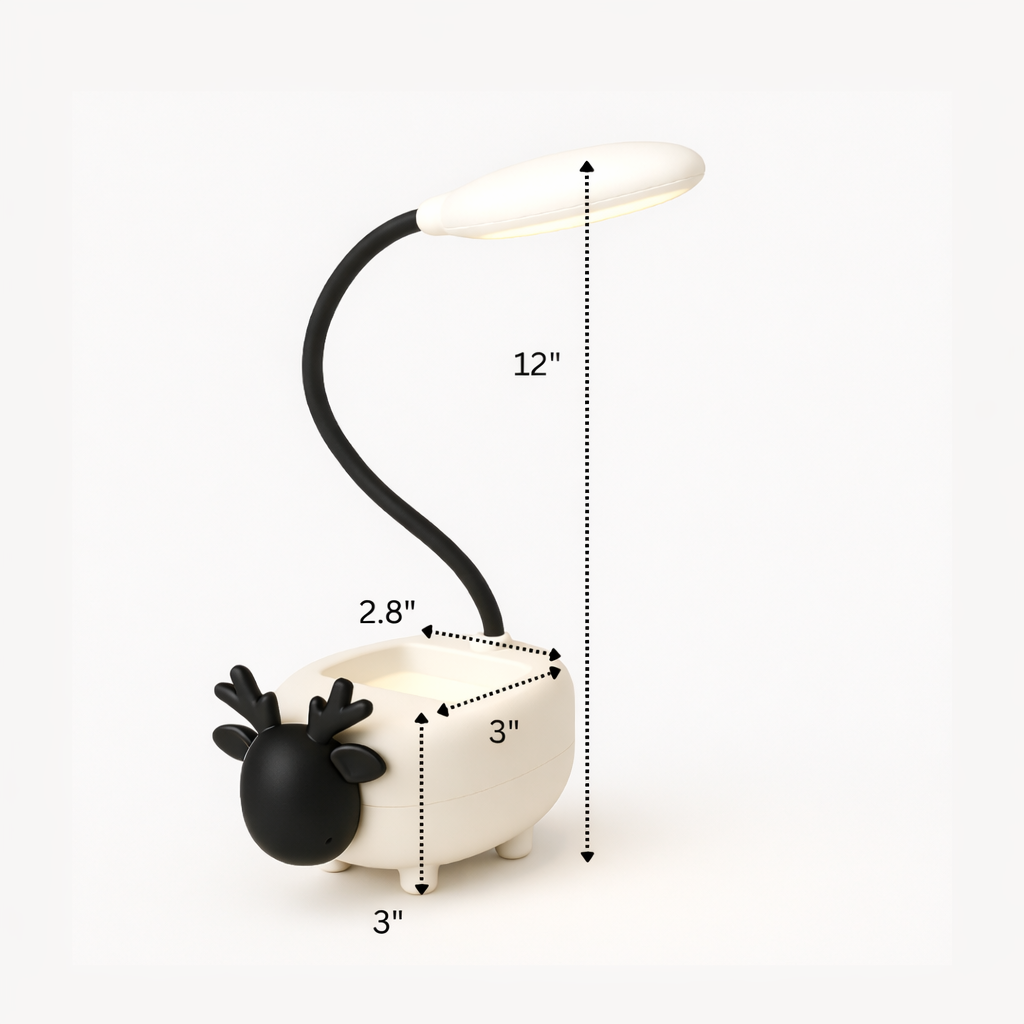 Sheep-shaped lamp with a flexible neck, measurements indicated on a white background