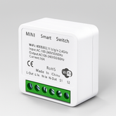 Mini smart switch with technical specifications on a gray background