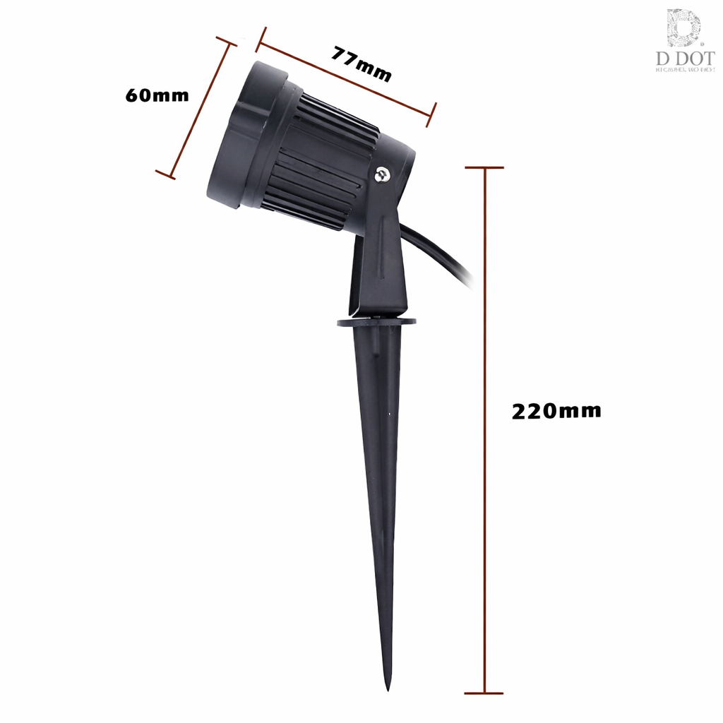 Black outdoor spotlight with measurements on a white background
