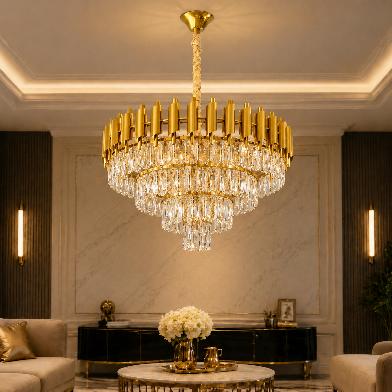 Luxurious chandelier hanging in a stylish living room with marble walls and modern decor.
