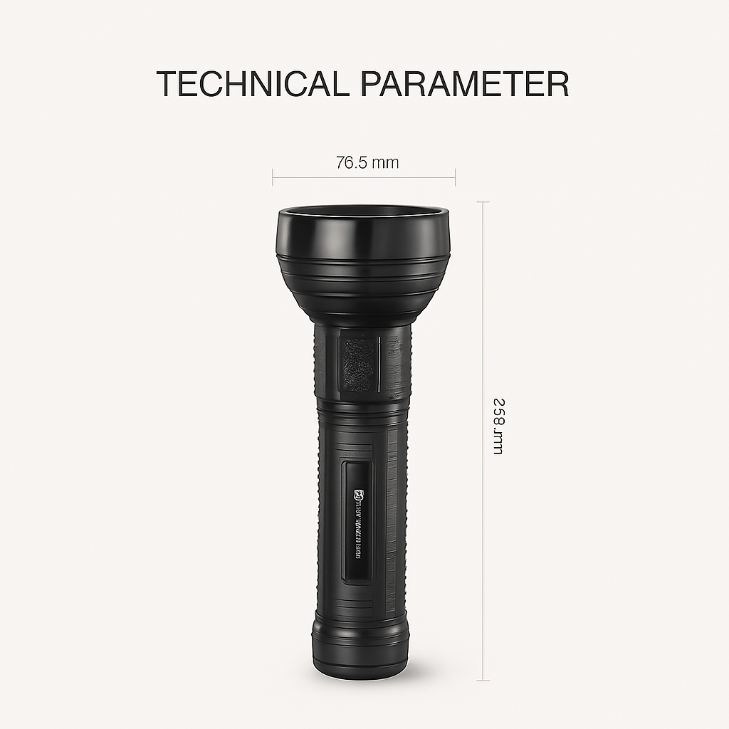 Black flashlight with dimensions labeled on a white background