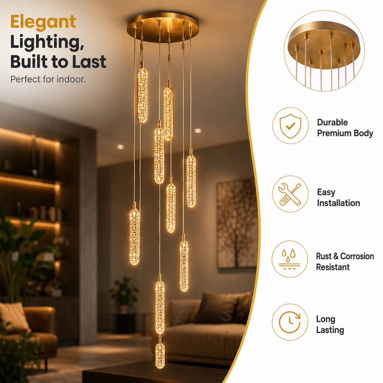 Chandelier with gold finish and clear glass shades in a living room setting, with text highlighting features.