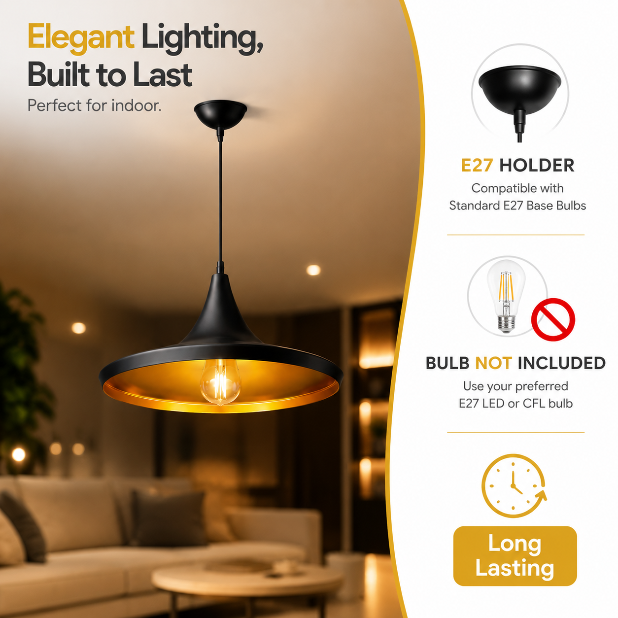 "Durable pendant light fixture with metal body and soft light"