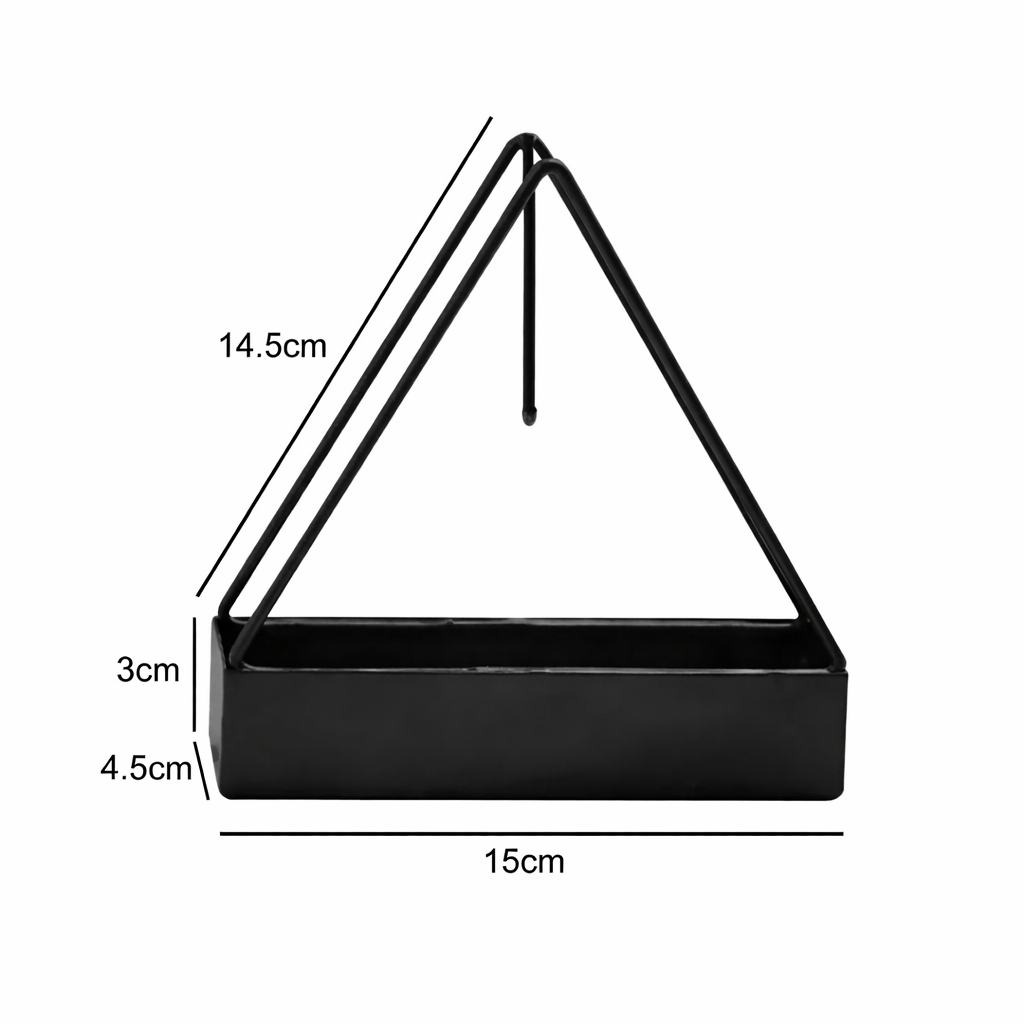 Black triangular planter with dimensions labeled on a white background