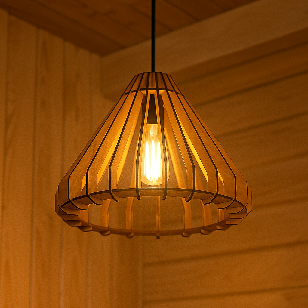 Wooden pendant light with a warm glow against a wooden background