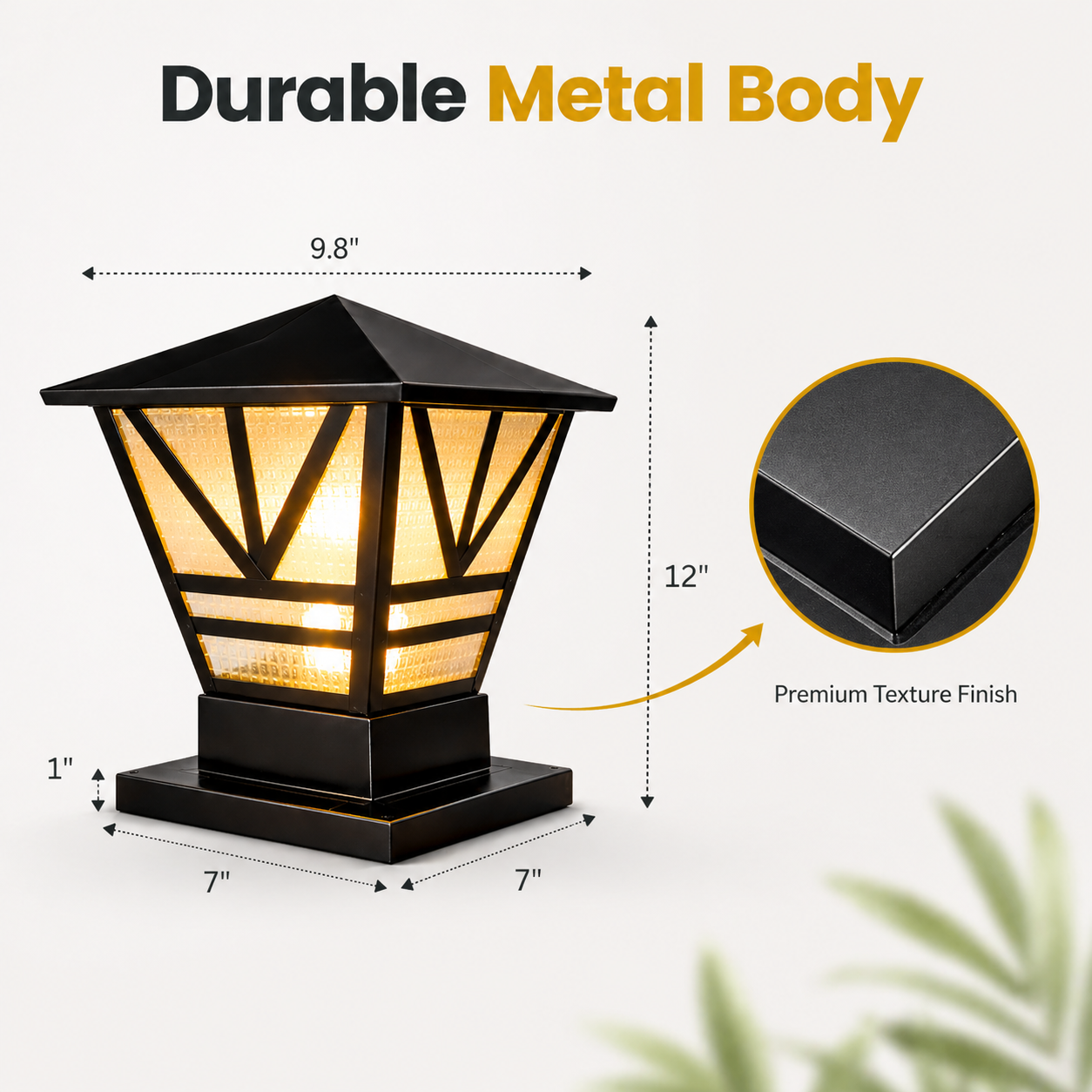 Outdoor lamp with dimensions and durability text on a white background