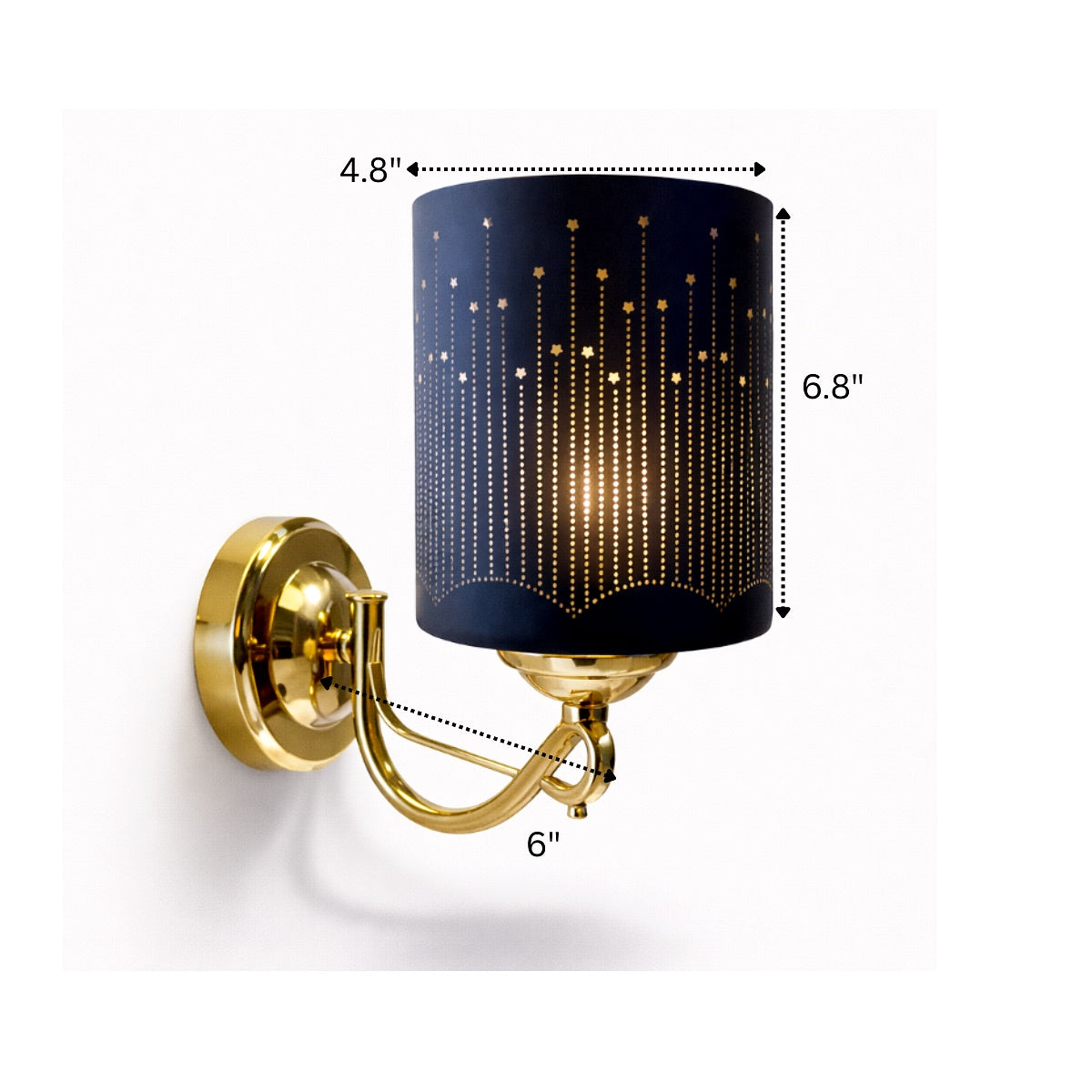 Wall sconce with gold fixture and black lampshade, showing dimensions on a white background.