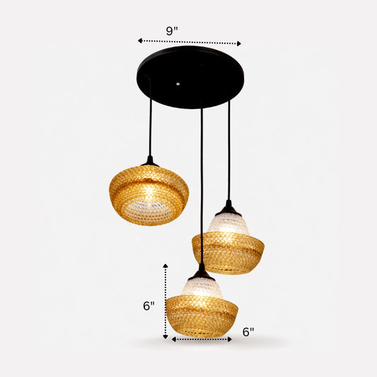 Three pendant lights with dimensions indicated on a white background