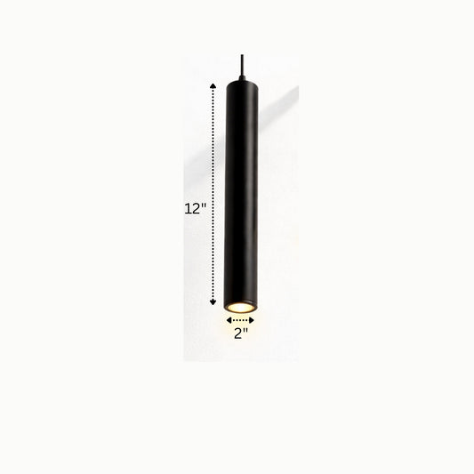 Black cylindrical pendant light with warm LED glow for modern homes