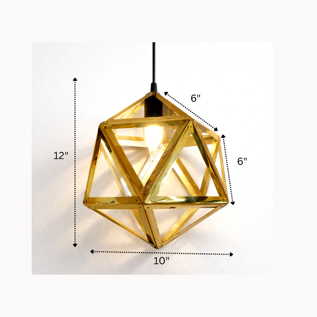 Gold geometric pendant light with metal frame and warm glow