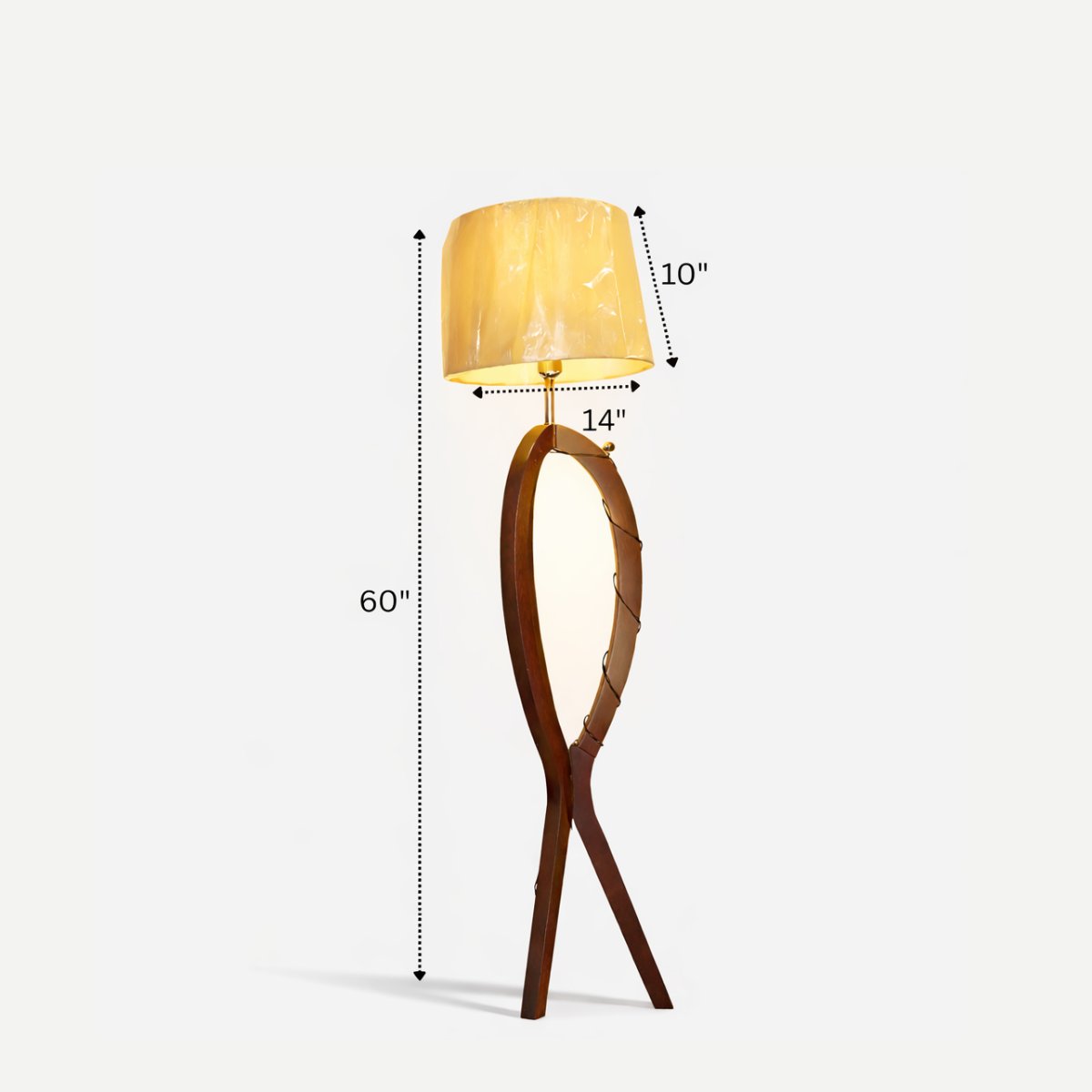 Wooden floor lamp with a yellow shade and measurements on a white background
