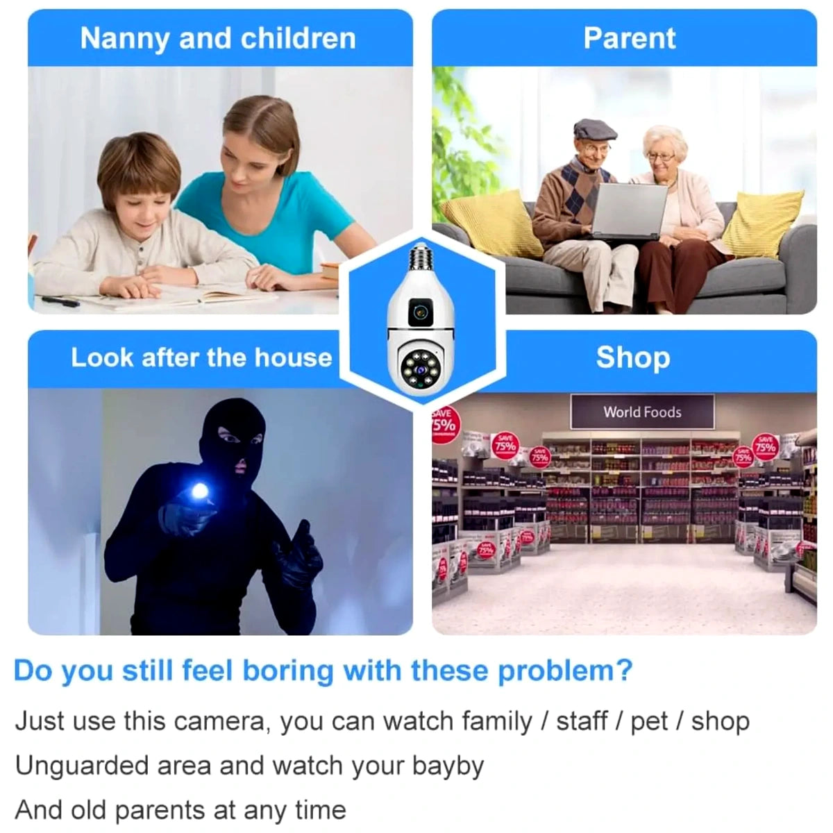 Security camera advertisement with scenarios for nanny, children, parent, housekeeping, and shopping.