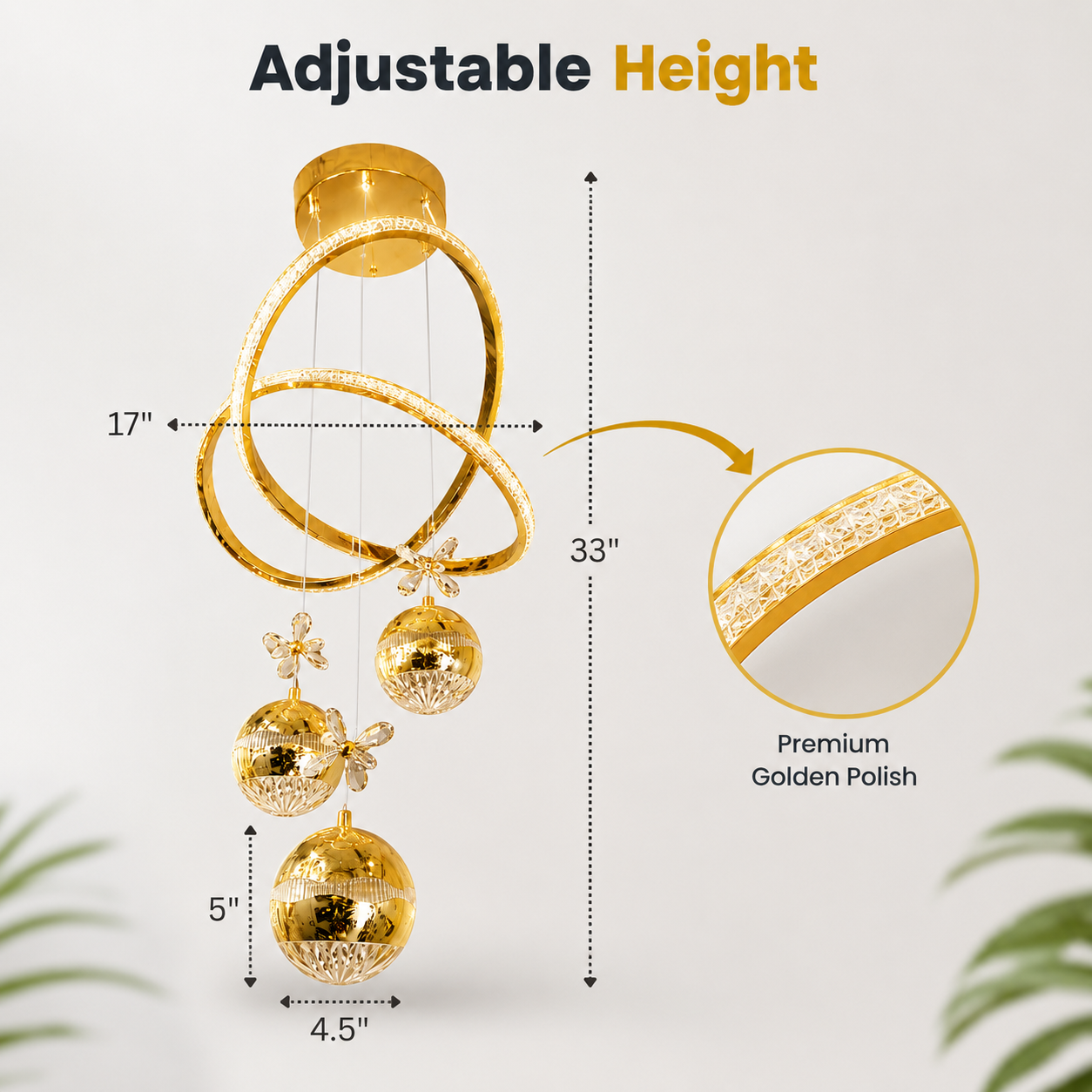 Gold chandelier with adjustable height measurement on a white background