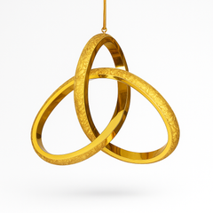 Two gold rings interlocked on a white background