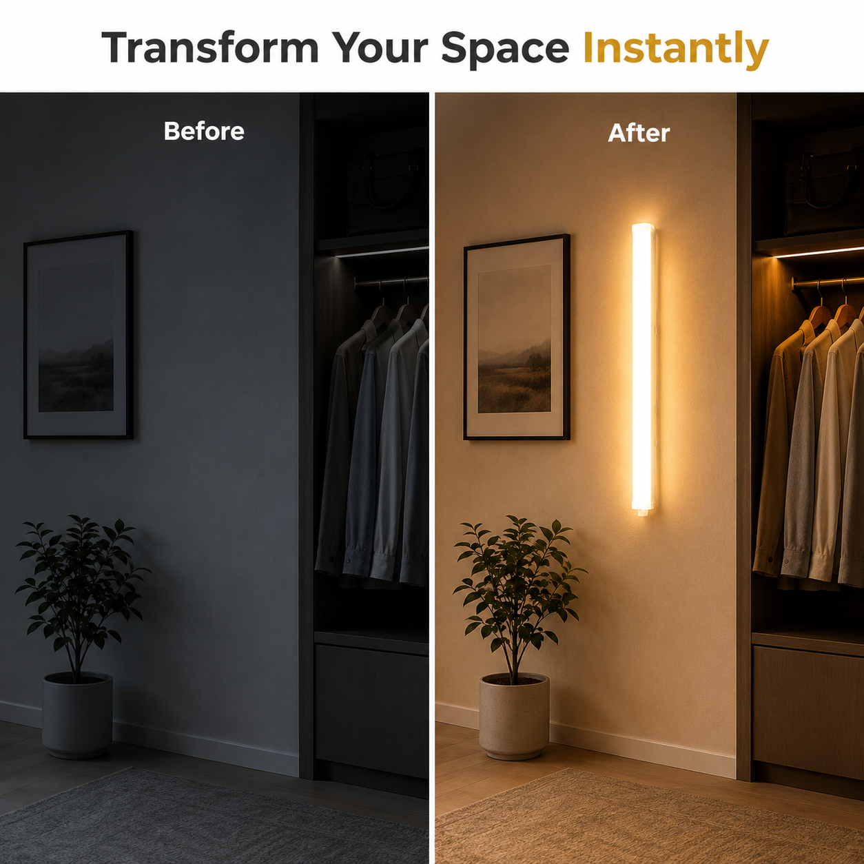 Before and after comparison of a room with a wall light fixture.