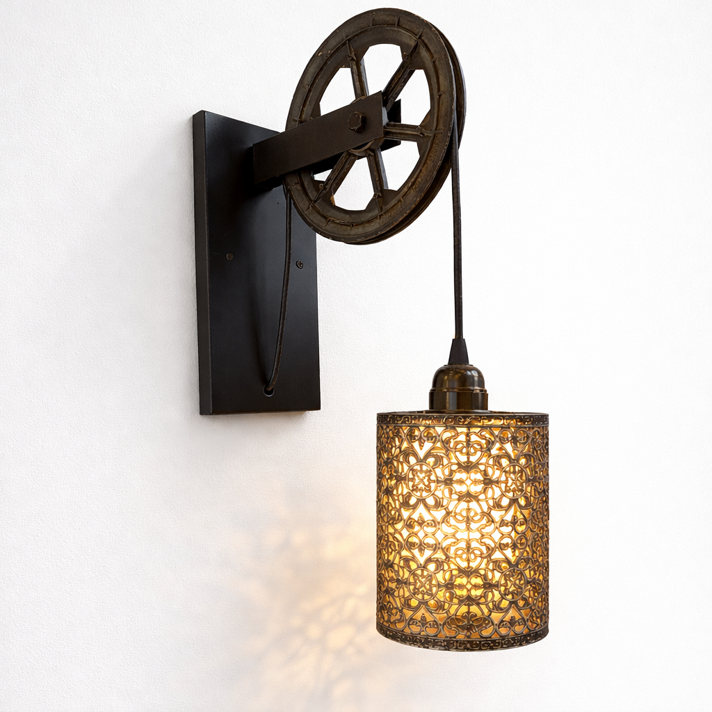 Industrial pulley wall lamp with ornate metal lantern