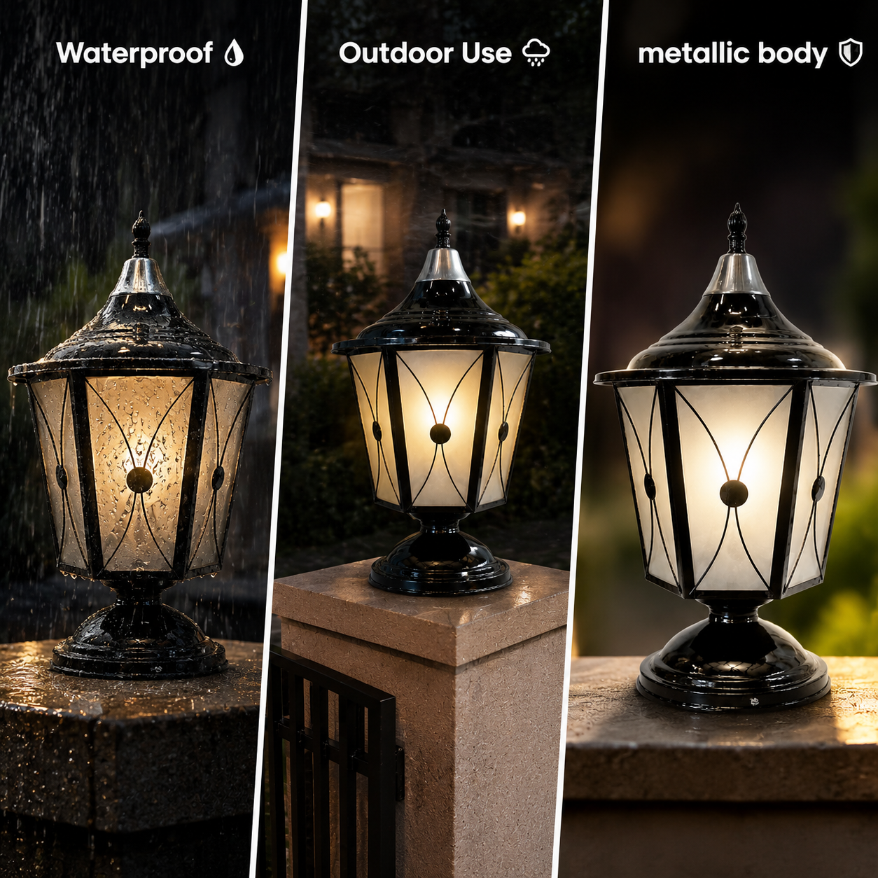 Outdoor lamp with waterproof, outdoor use, and metallic body features.