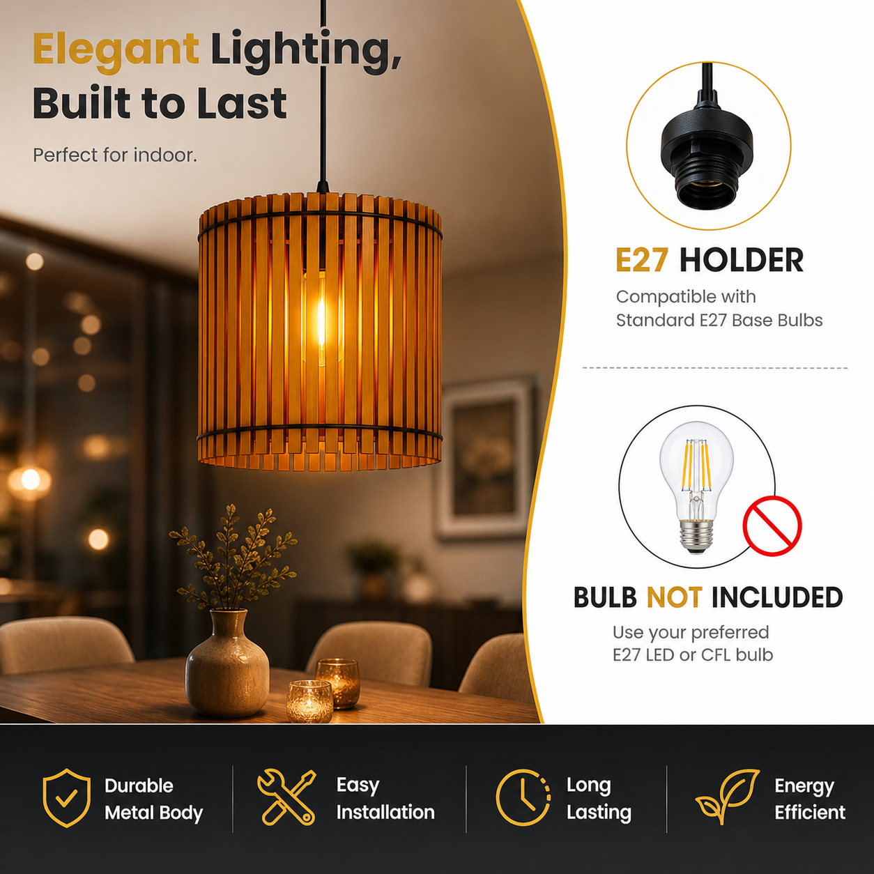 Minimalist wooden hanging light for kitchen or dining space