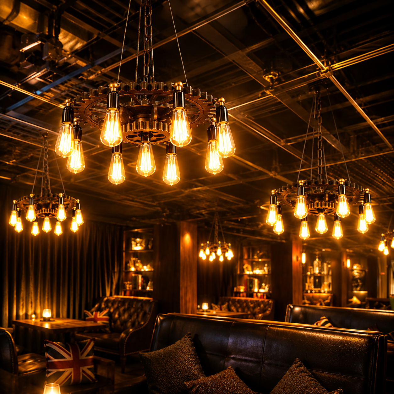 Dimly lit bar with hanging light fixtures and cozy seating.