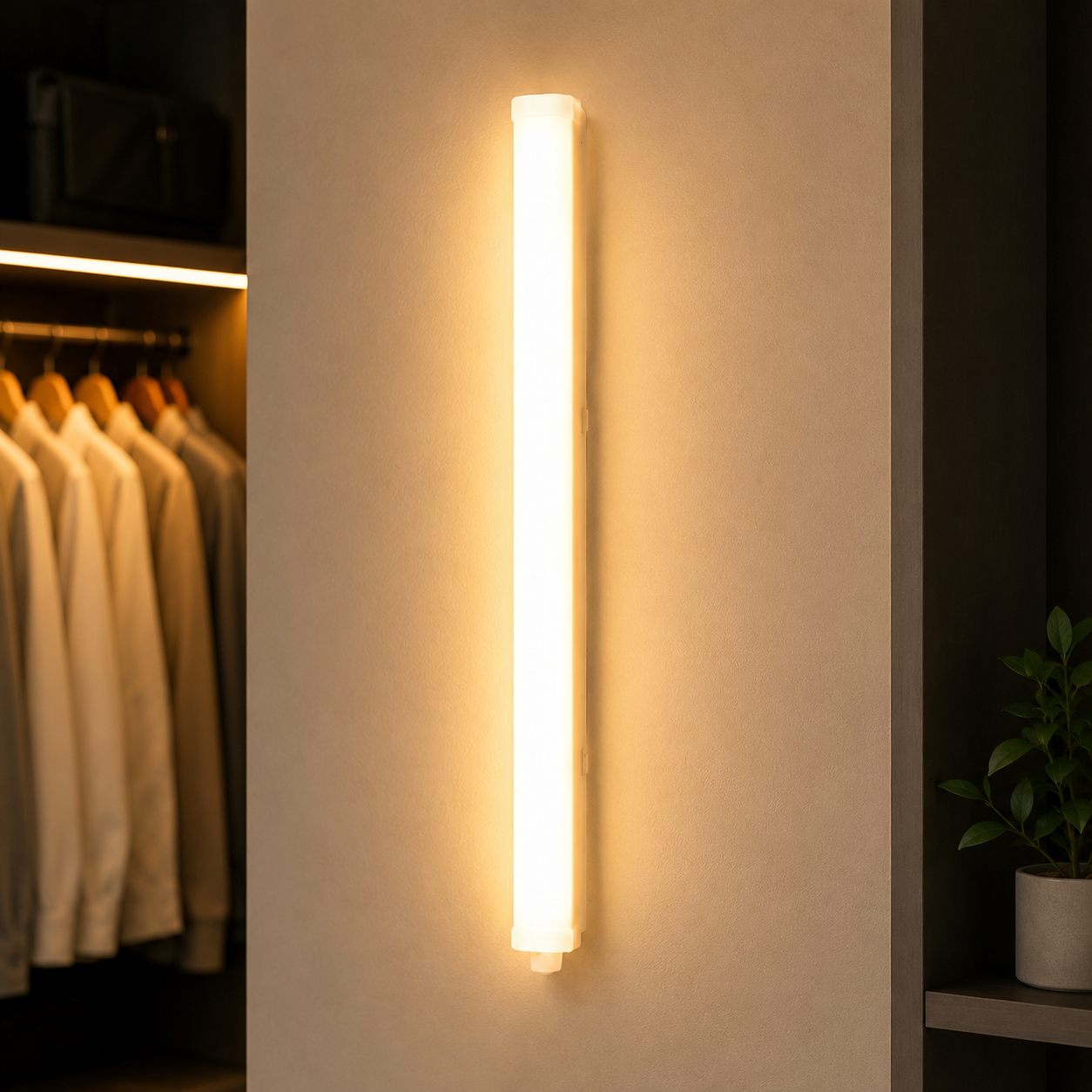Wall-mounted light fixture casting a warm glow on a neutral wall with clothes and a plant in the background.