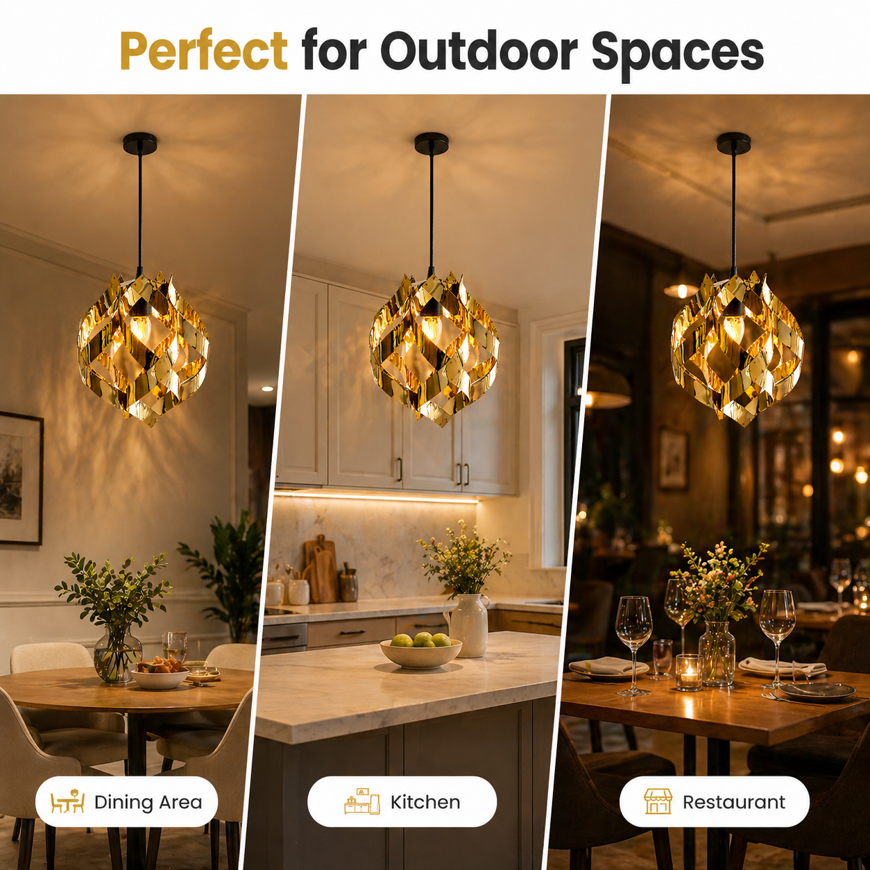 Gold pendant light fixture shown in various indoor settings: dining area, kitchen, and restaurant.