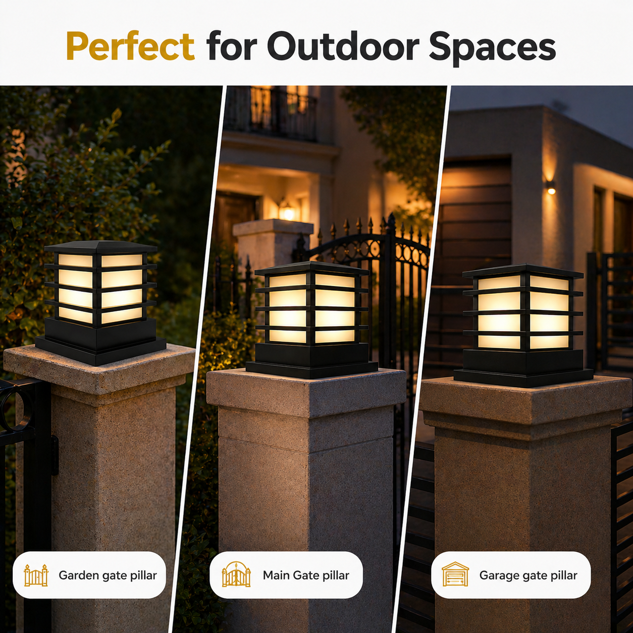 Three outdoor light fixtures on pillars with text 'Perfect for Outdoor Spaces'.
