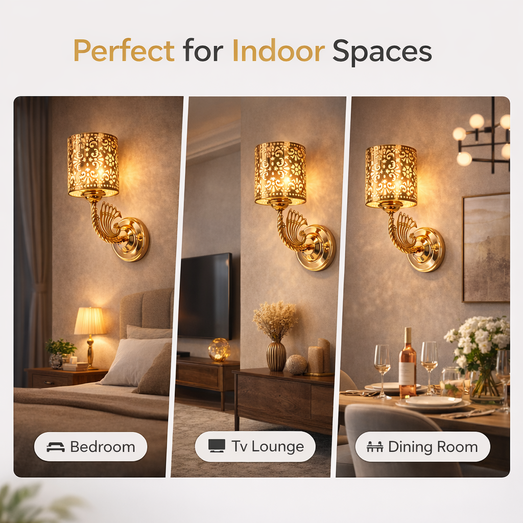 decorative wall lamp casting warm patterned glow on wall