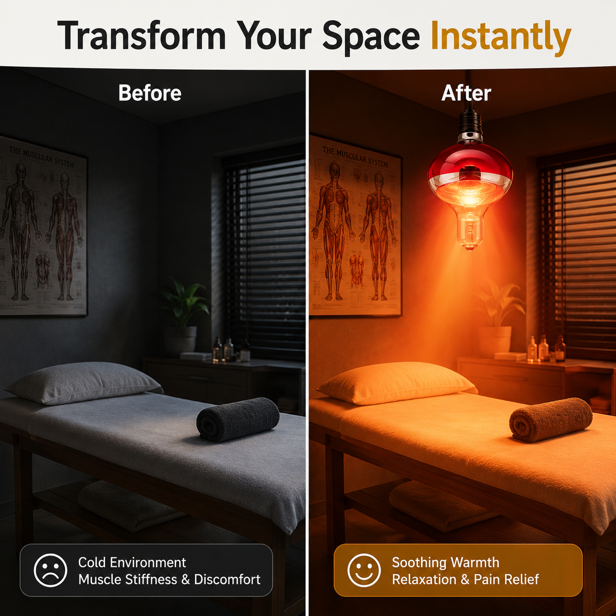 Before and after comparison of a dimly lit room with a bright light bulb, showing a transformation from cold to soothing warmth.