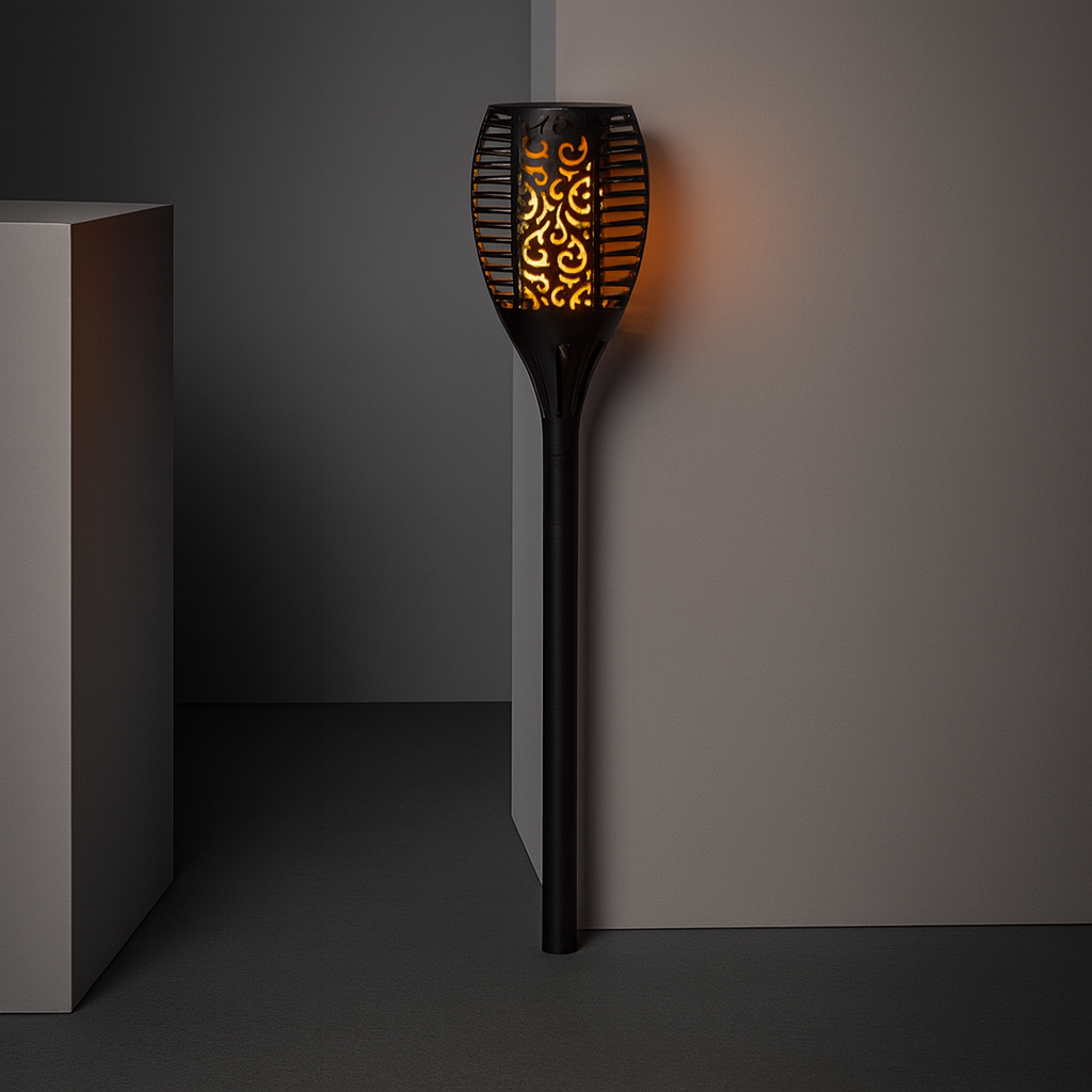 Durable IP65 solar flame torch light with realistic LED flame pattern for outdoor garden pathways and patios
