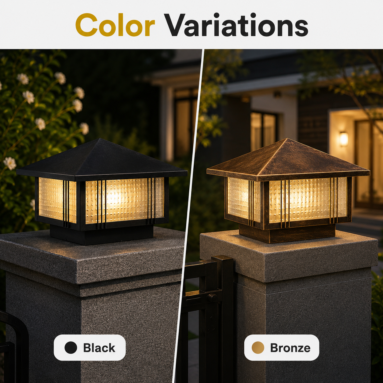 Two outdoor post lights, one black and one bronze, on stone pillars with a house in the background.