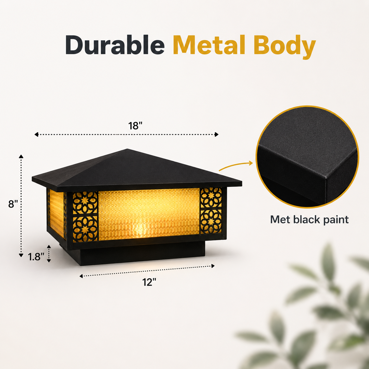 Black outdoor light fixture with dimensions and 'Durable Metal Body' text on a white background